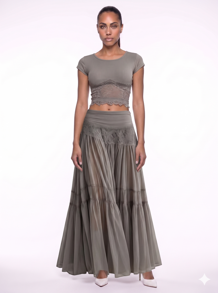 Emily & Isabella Brooks | Lace-Paneled Top and Pleated Maxi Skirt Set