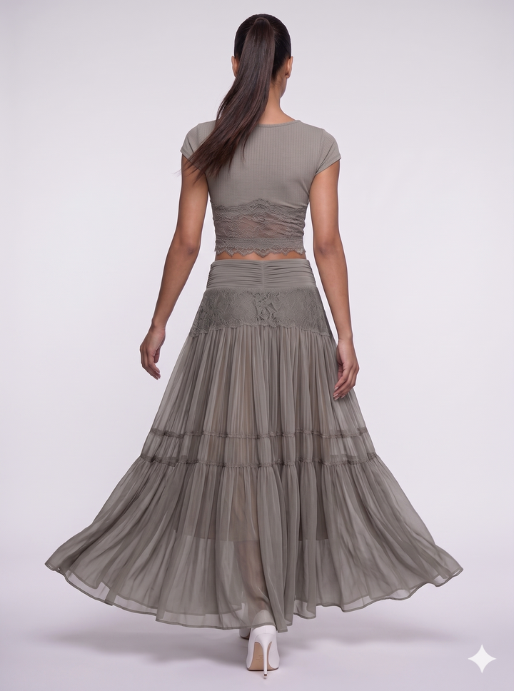 Emily & Isabella Brooks | Lace-Paneled Top and Pleated Maxi Skirt Set