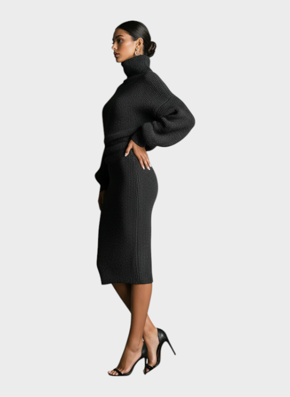 Emily & Isabella Brooks | Women's Khaki Knitted Midi Dress with High Neck and Oversized Silhouette