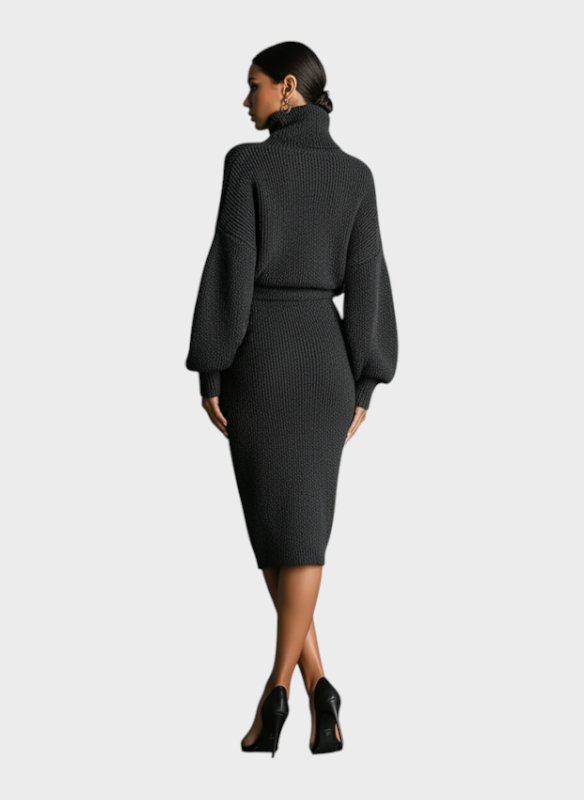 Emily & Isabella Brooks | Women's Khaki Knitted Midi Dress with High Neck and Oversized Silhouette