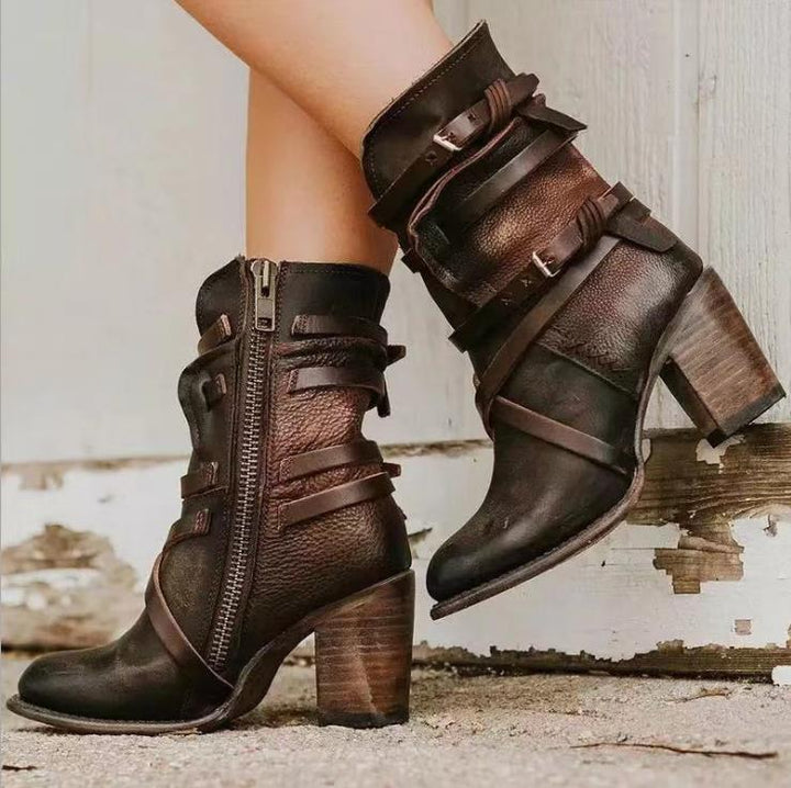 Emily & Isabella Brooks | Women's Leather Ankle Boots - Distressed Design - Buckle Straps - Block Heel