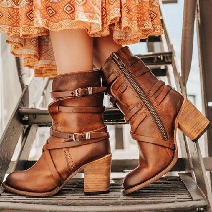 Emily & Isabella Brooks | Women's Leather Ankle Boots - Distressed Design - Buckle Straps - Block Heel