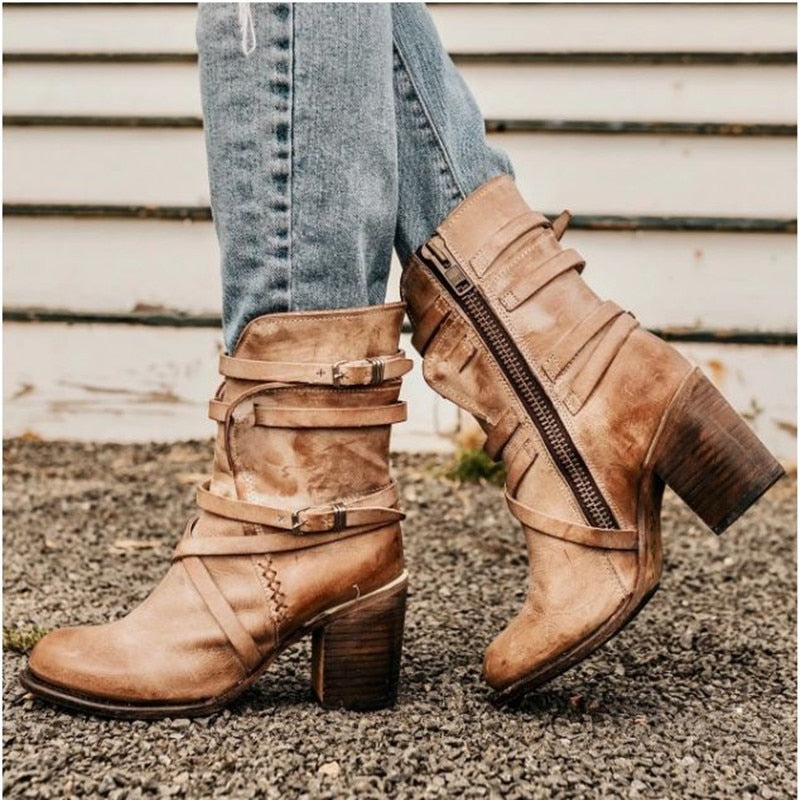 Emily & Isabella Brooks | Women's Leather Ankle Boots - Distressed Design - Buckle Straps - Block Heel
