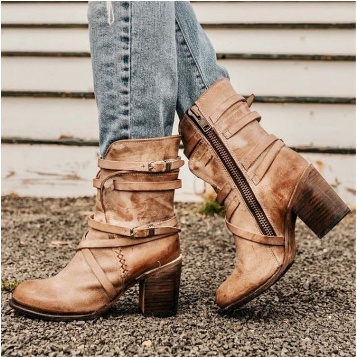 Emily & Isabella Brooks | Women's Leather Ankle Boots - Distressed Design - Buckle Straps - Block Heel
