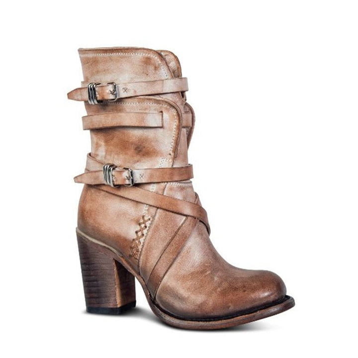 Emily & Isabella Brooks | Women's Leather Ankle Boots - Distressed Design - Buckle Straps - Block Heel