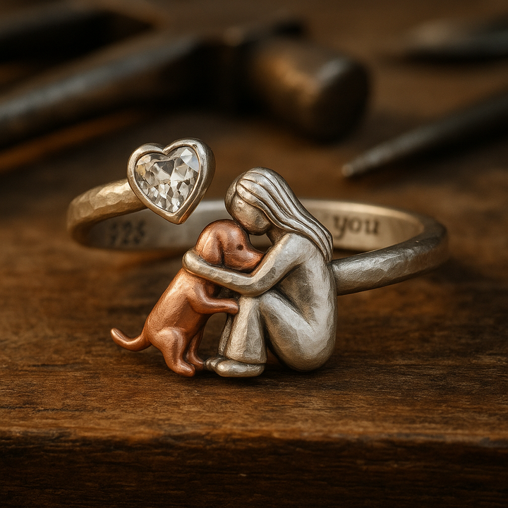Emily & Isabella Brooks | Handcrafted Sterling Silver Dog Ring with Heart-Shaped Zirconia – Adjustable Fit