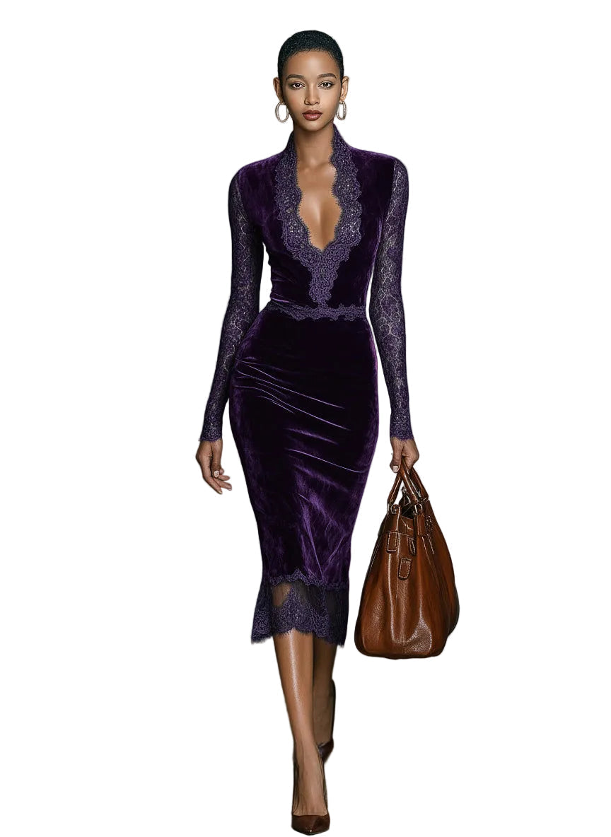 Emily & Isabella Brooks | Elegant Dark Blue Velvet Slim-fit V-neck Midi Dress with Lace Trim