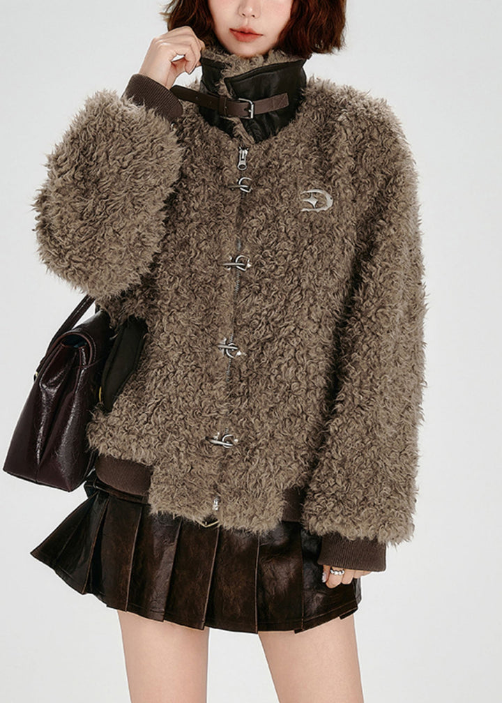 Emily & Isabella Brooks | Oversized Patchwork Coat in Faux Leather and Teddy - Brown