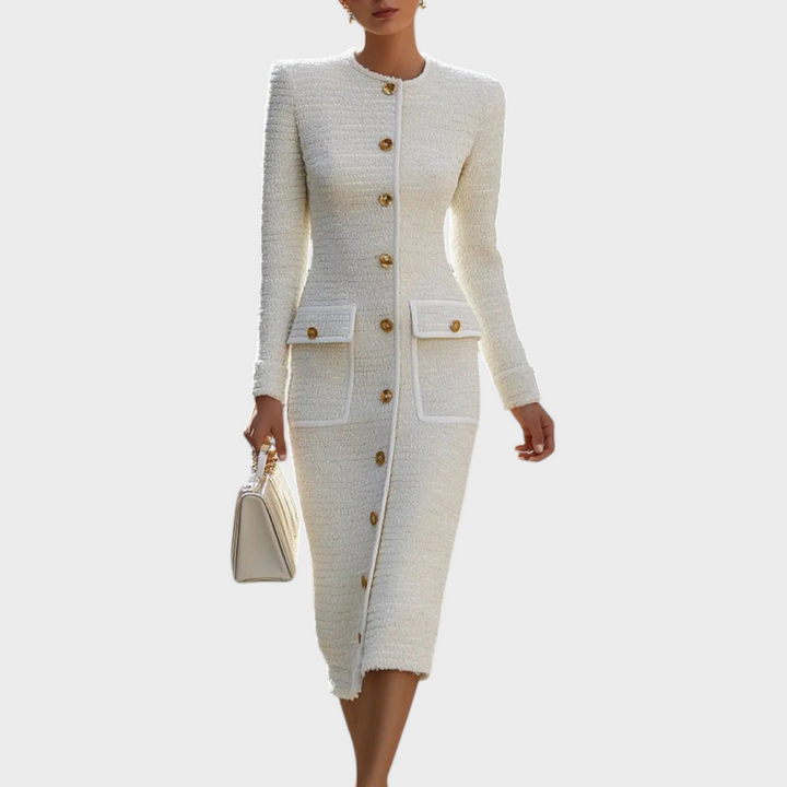 Emily & Isabella Brooks | Ivory Tweed Button-Down Midi Dress with Patch Pockets