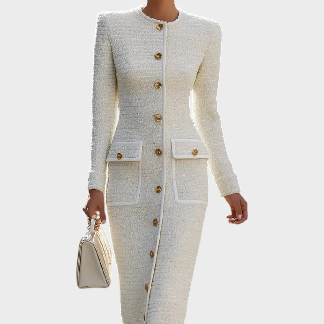 Emily & Isabella Brooks | Ivory Tweed Button-Down Midi Dress with Patch Pockets