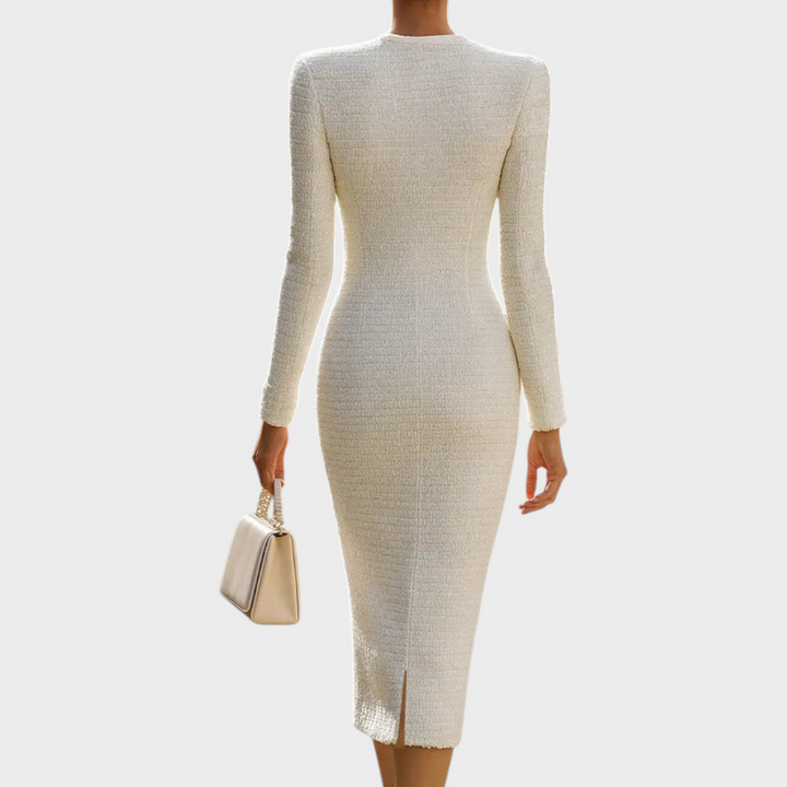 Emily & Isabella Brooks | Ivory Tweed Button-Down Midi Dress with Patch Pockets