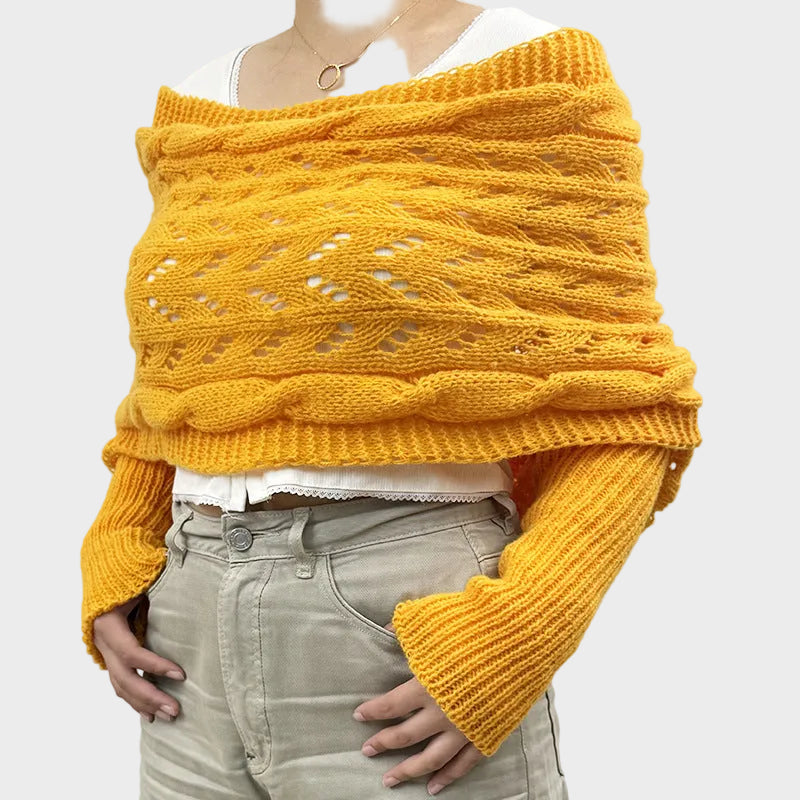 Emily & Isabella Brooks | Hollow Knit Shawl Sweater, Extended Sleeves