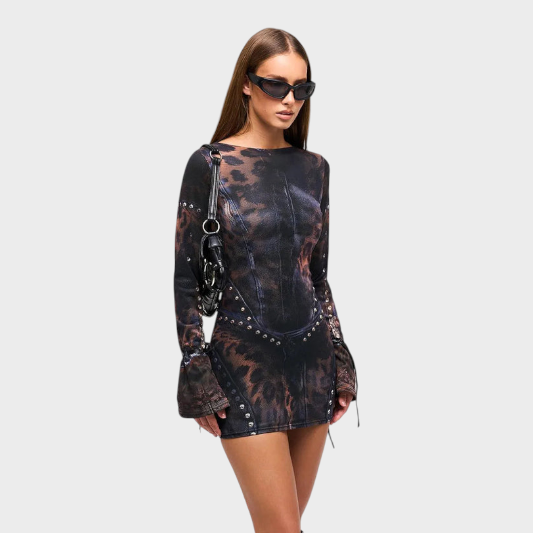 Emily & Isabella Brooks | Mesh Leopard Print Tie-up Long Sleeve Mini Dress