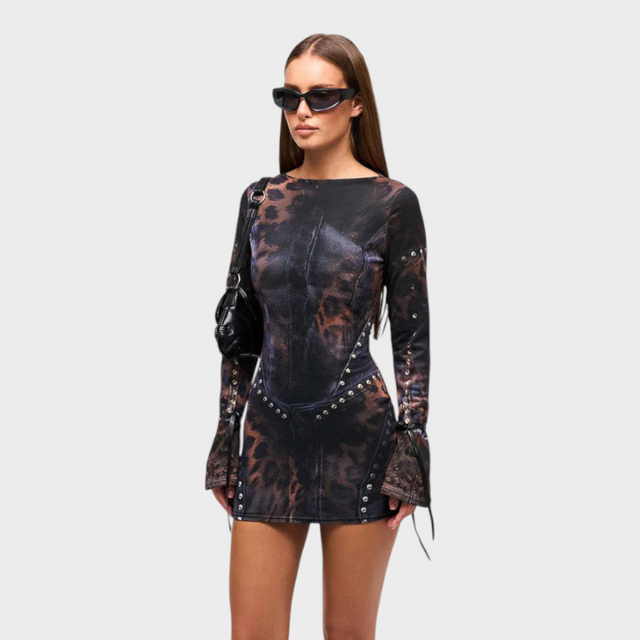 Emily & Isabella Brooks | Mesh Leopard Print Tie-up Long Sleeve Mini Dress