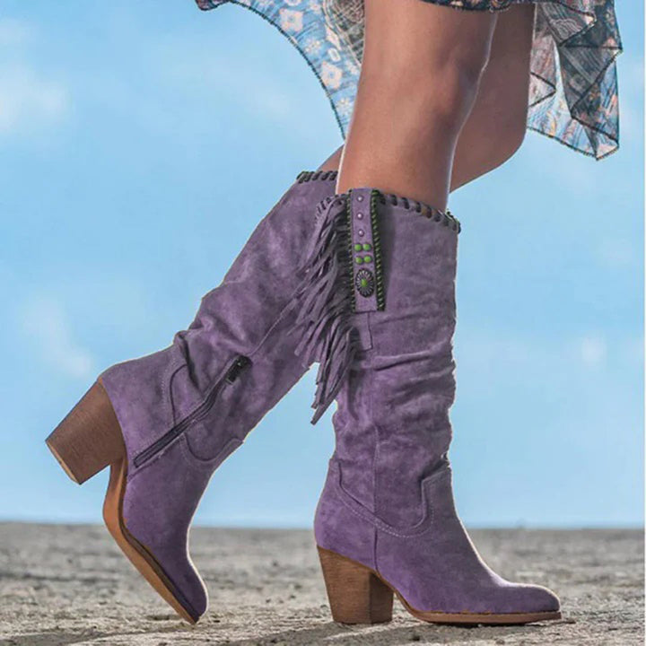 Emily & Isabella Brooks | Women's Knee-High Boots - Western Style - Fringe and Stud Details - Block Heel