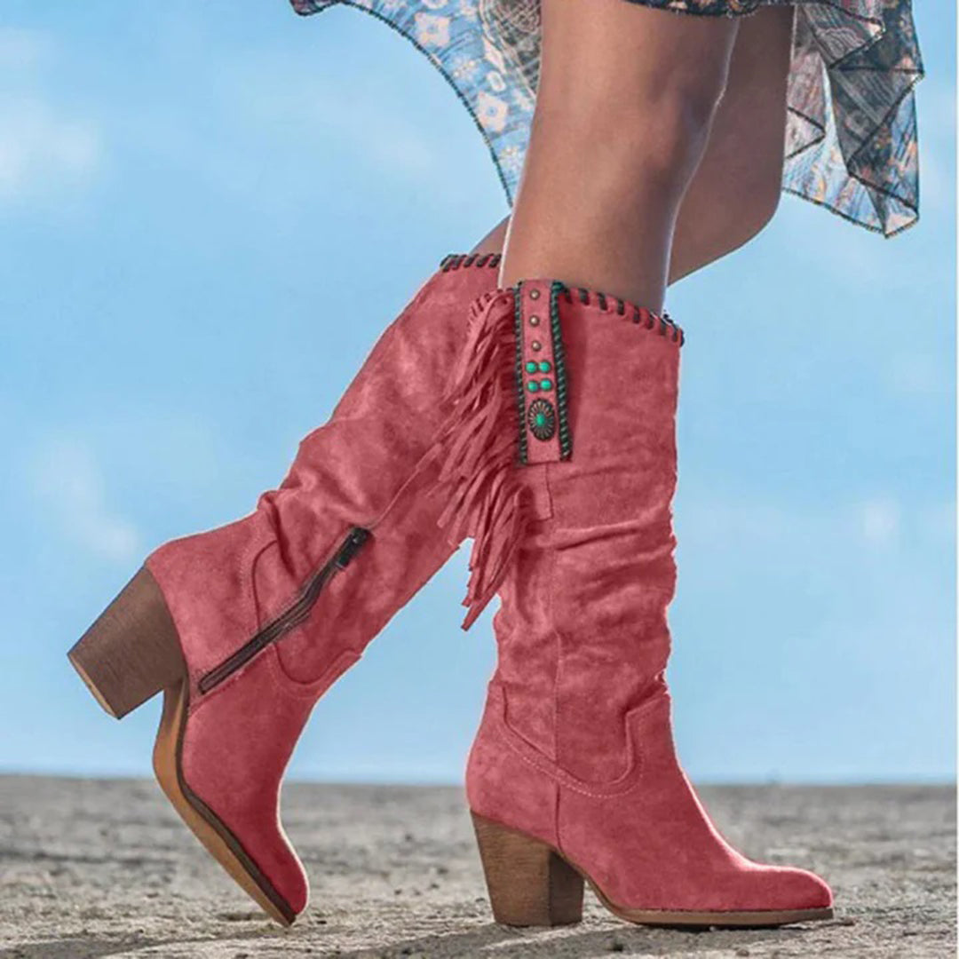 Emily & Isabella Brooks | Women's Knee-High Boots - Western Style - Fringe and Stud Details - Block Heel