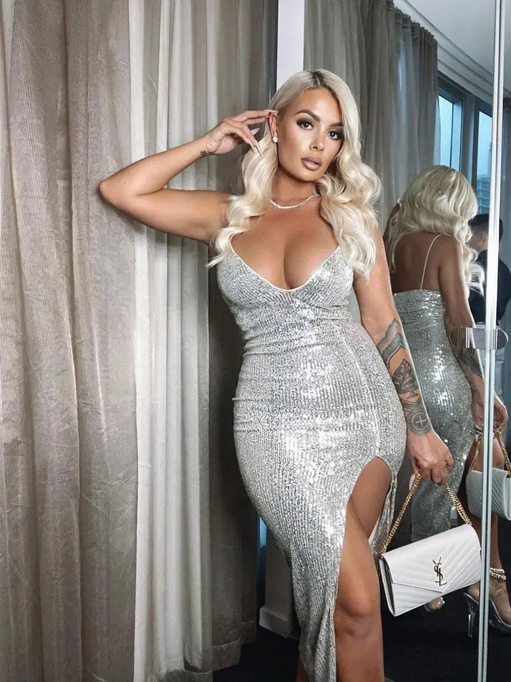 Emily & Isabella Brooks | Sequined Bodycon Dress with Deep V-Neck