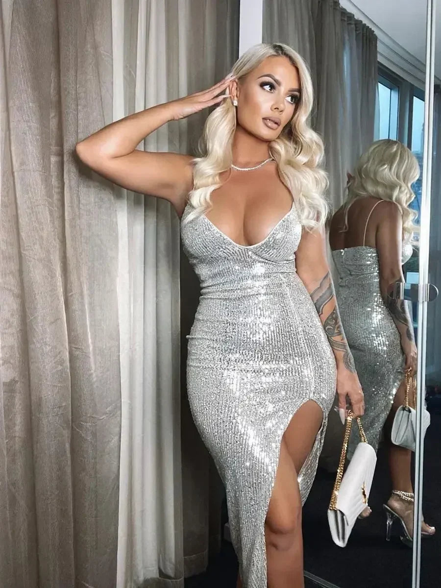 Emily & Isabella Brooks | Sequined Bodycon Dress with Deep V-Neck