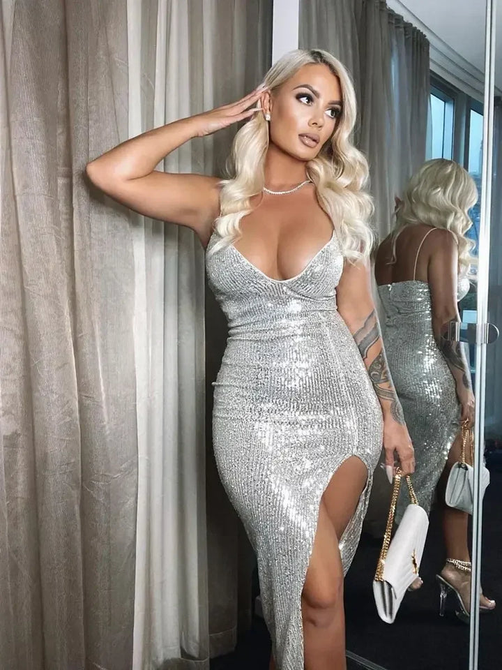 Emily & Isabella Brooks | Sequined Bodycon Dress with Deep V-Neck