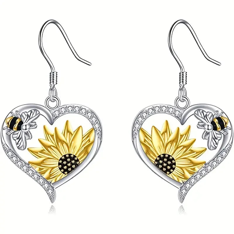 Emily & Isabella Brooks | Dangle Earrings in Vintage Boho Sunflower and Bee Design
