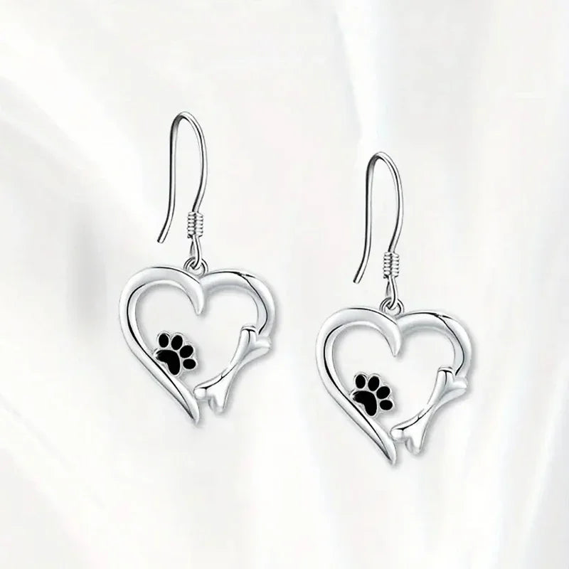 Emily & Isabella Brooks | Silver Drop Earrings, Heart and Paw Design