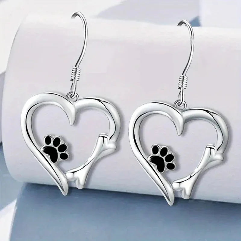 Emily & Isabella Brooks | Silver Drop Earrings, Heart and Paw Design
