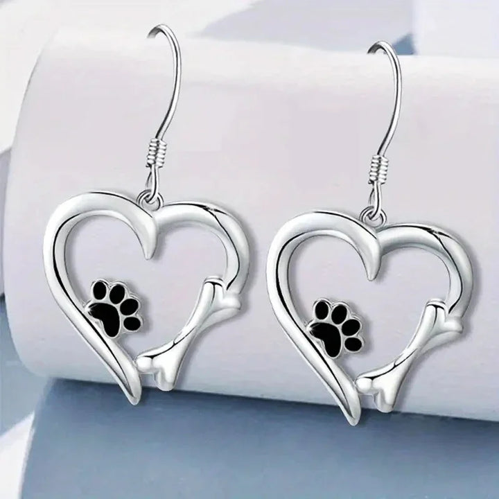 Emily & Isabella Brooks | Silver Drop Earrings, Heart and Paw Design