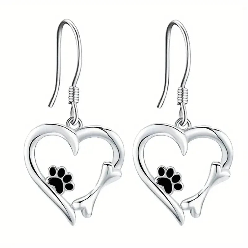 Emily & Isabella Brooks | Silver Drop Earrings, Heart and Paw Design