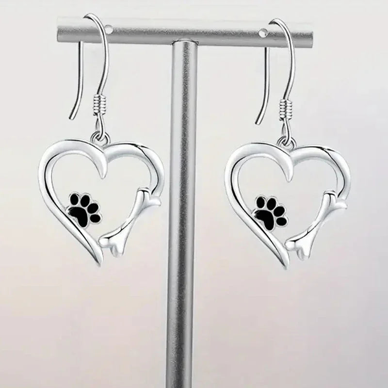 Emily & Isabella Brooks | Silver Drop Earrings, Heart and Paw Design