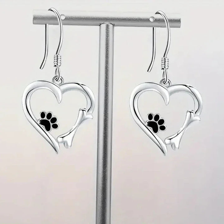 Emily & Isabella Brooks | Silver Drop Earrings, Heart and Paw Design