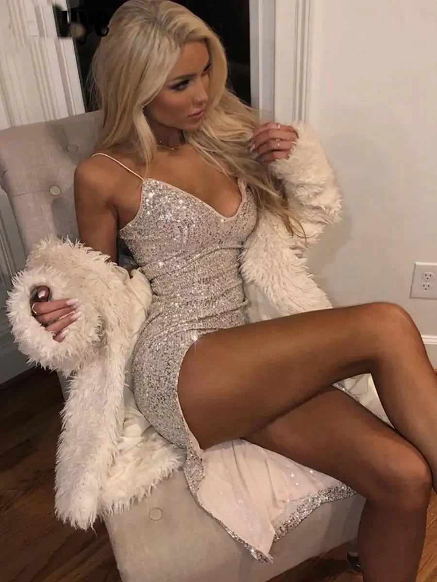 Emily & Isabella Brooks | Sequined Bodycon Dress with Deep V-Neck