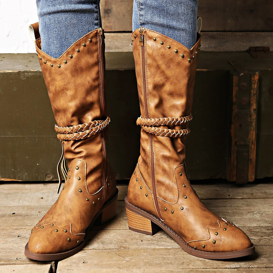 Emily & Isabella Brooks | Western Boots - Faux Leather - Studded - Braided Strap - Pointed Toe