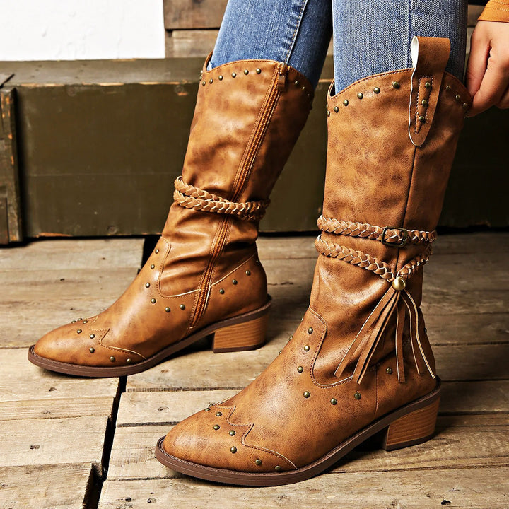 Emily & Isabella Brooks | Western Boots - Faux Leather - Studded - Braided Strap - Pointed Toe