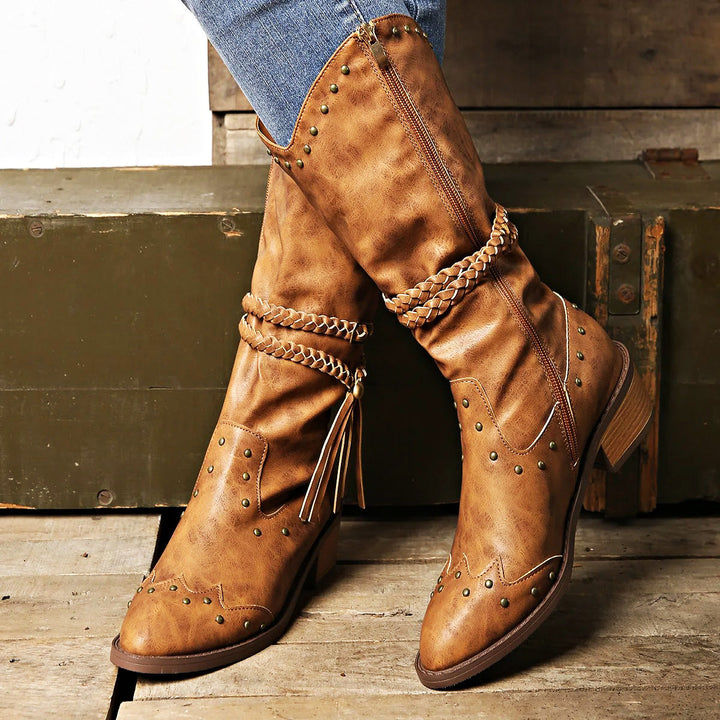 Emily & Isabella Brooks | Western Boots - Faux Leather - Studded - Braided Strap - Pointed Toe