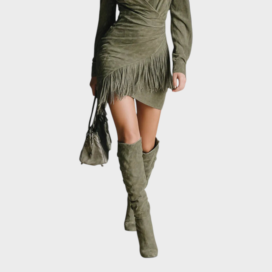 Emily & Isabella Brooks | Olive Green Faux Suede V-Neck Wrap Mini Dress