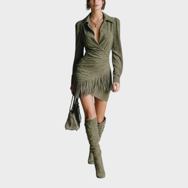 Emily & Isabella Brooks | Olive Green Faux Suede V-Neck Wrap Mini Dress