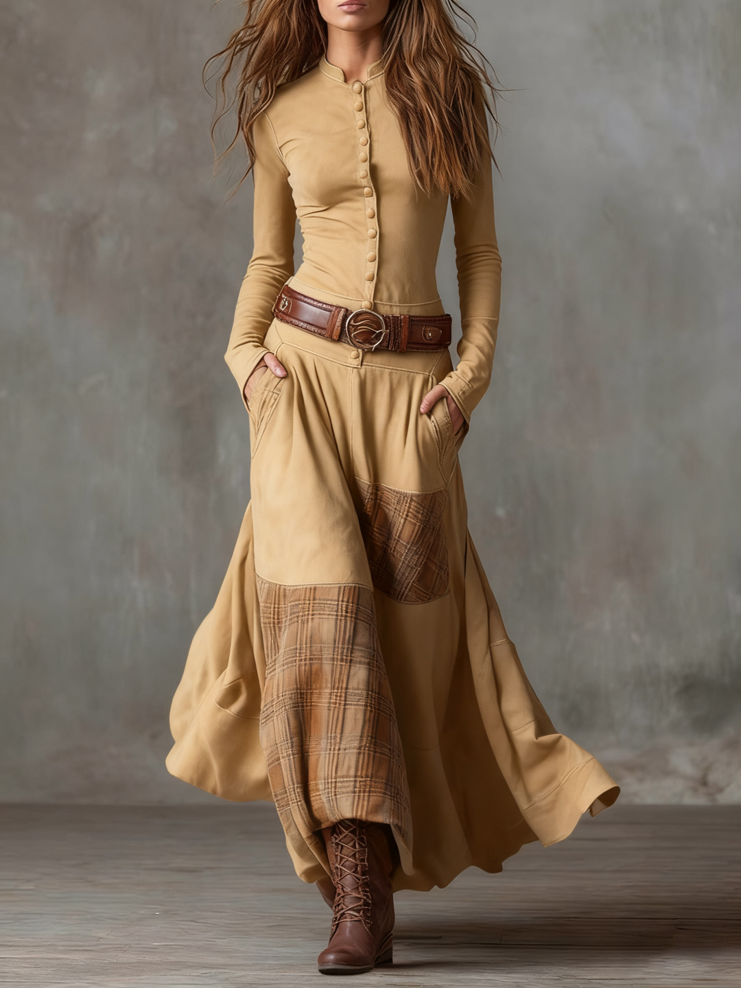 Emily & Isabella Brooks | Plaid Paneled Suede Maxi Dress with Belt