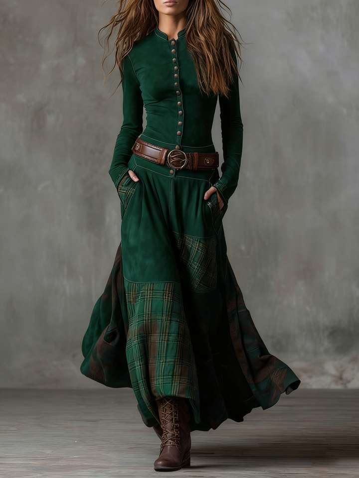 Emily & Isabella Brooks | Plaid Paneled Suede Maxi Dress with Belt