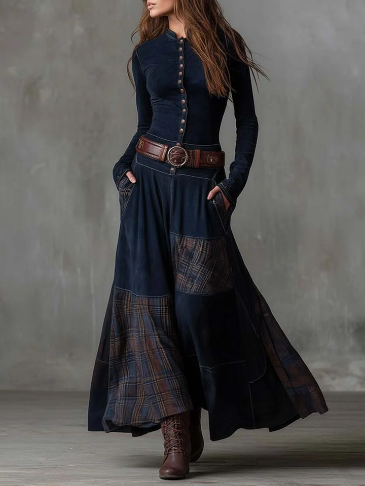 Emily & Isabella Brooks | Plaid Paneled Suede Maxi Dress with Belt