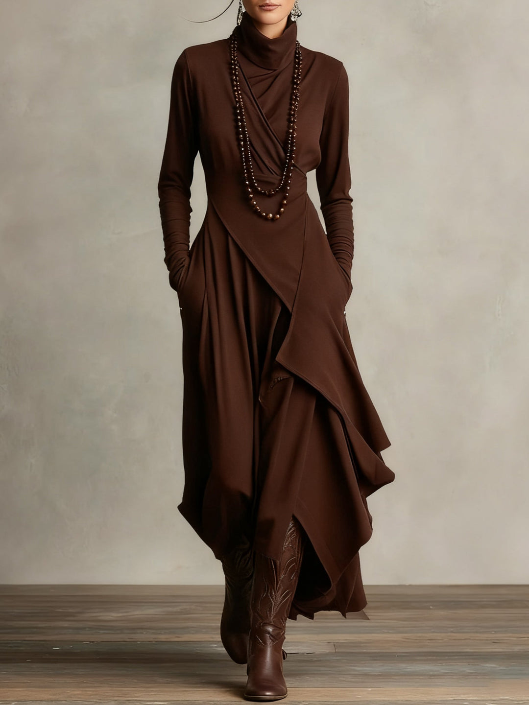 Emily & Isabella Brooks | High-neck Asymmetrical Pleated Maxi Dress