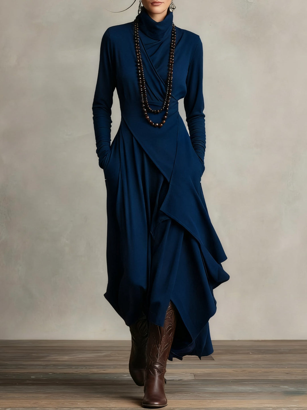 Emily & Isabella Brooks | High-neck Asymmetrical Pleated Maxi Dress