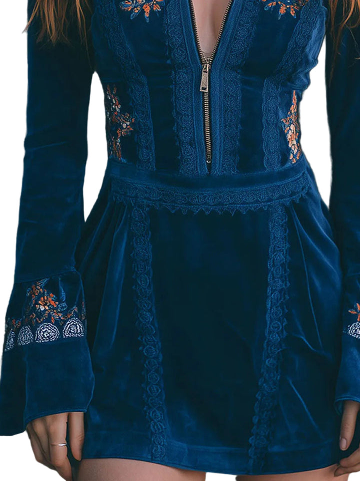 Emily & Isabella Brooks | Blue Velvet Mini Dress with Zipper Front and Lace Trim