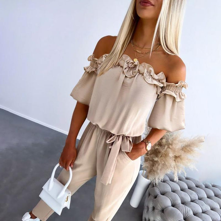 Emily & Isabella Brooks | Off Shoulder Frill Tie-Waist Jumpsuit