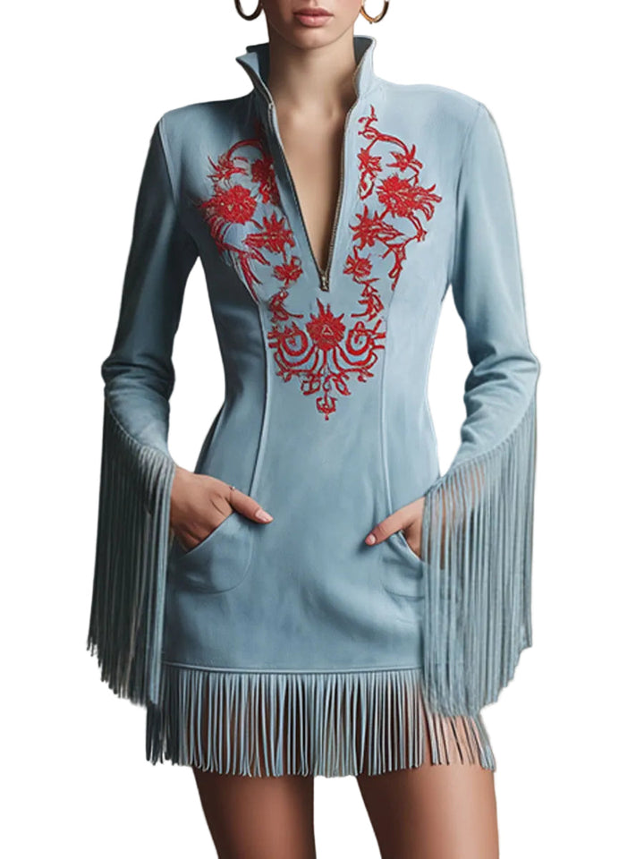Emily & Isabella Brooks | Western Retro Red Embroidered Blue Faux Suede Long-Sleeved Mini Dress