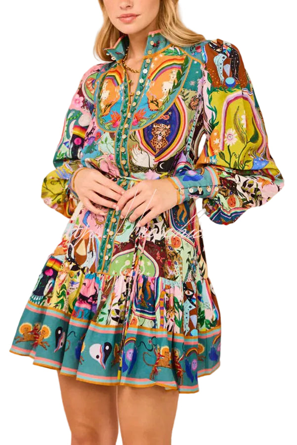 Emily & Isabella Brooks | Unique Print Balloon Sleeve Button Shirt Mini Dress