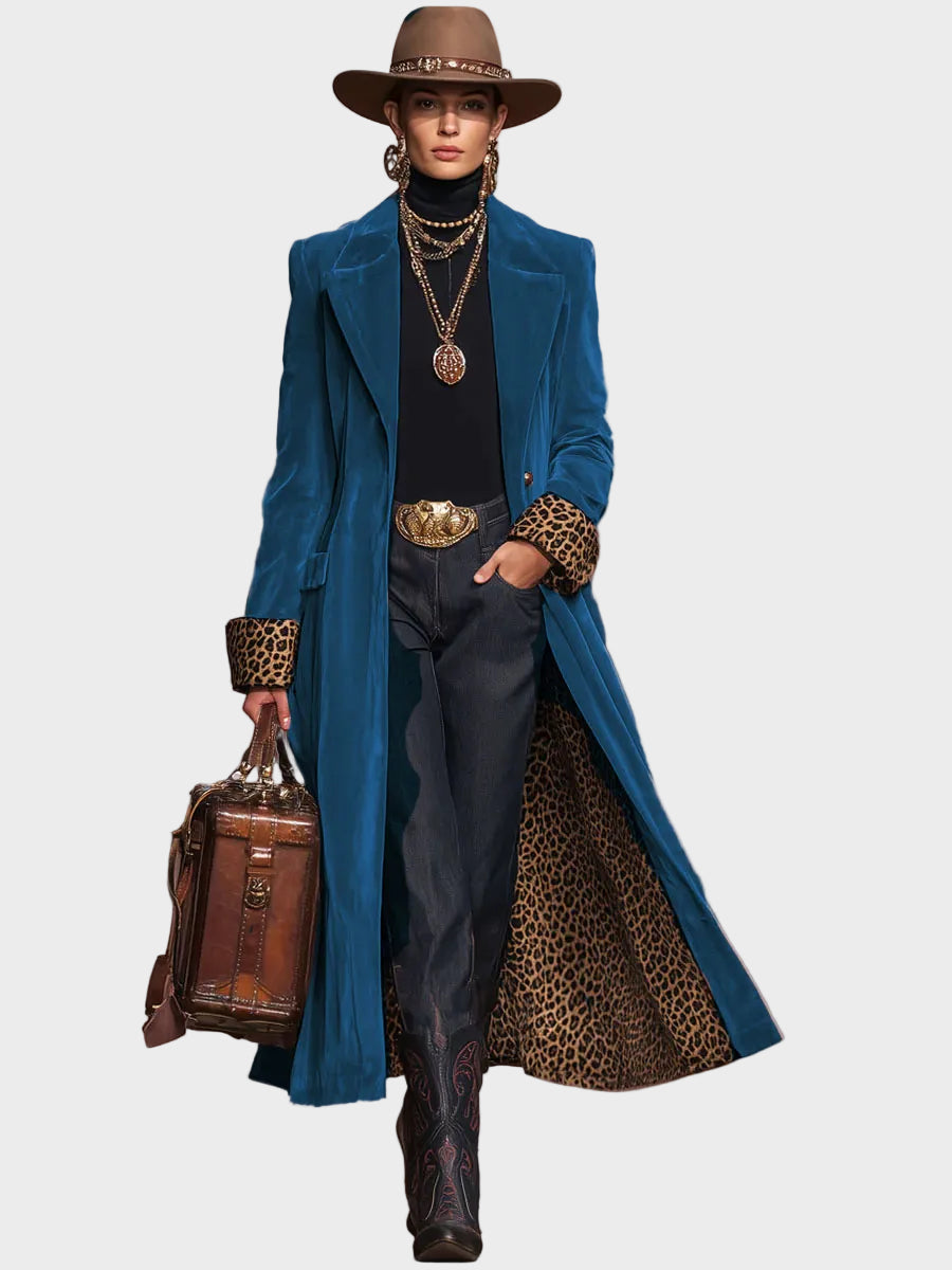 Emily & Isabella Brooks | Velvet Single-Breasted Coat with Lapel and Leopard Print