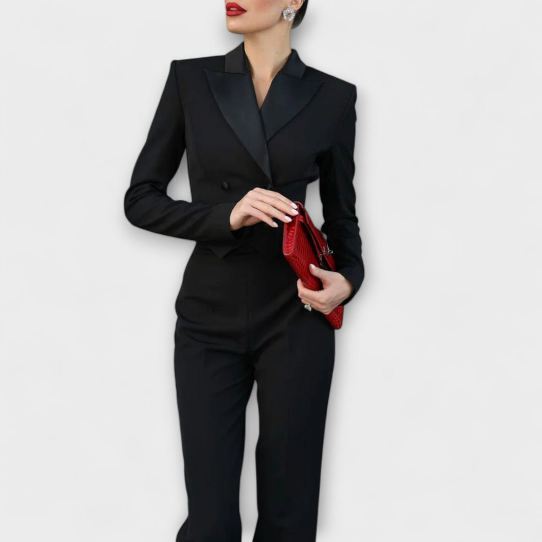 Emily & Isabella Brooks | Black Pearl-Embellished Backless Short Blazer Set