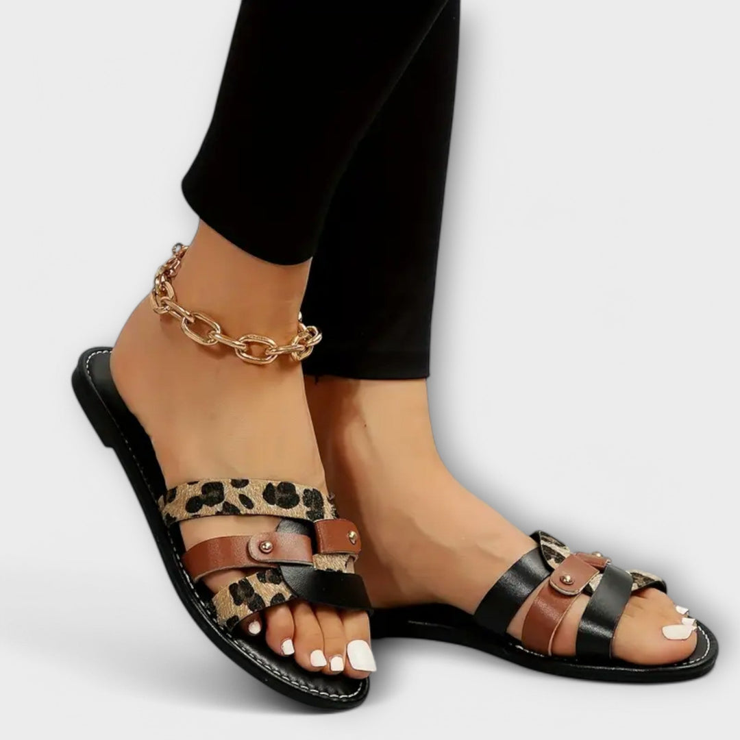 Emily & Isabella Brooks | Cross Strap Sandals in Leopard Pattern