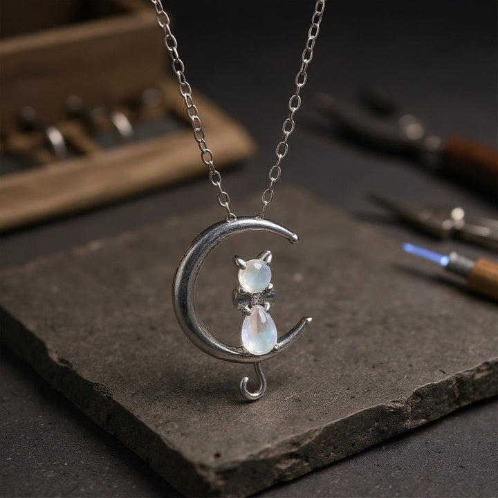 Emily & Isabella Brooks | Moonstone Crescent and Cat Necklace