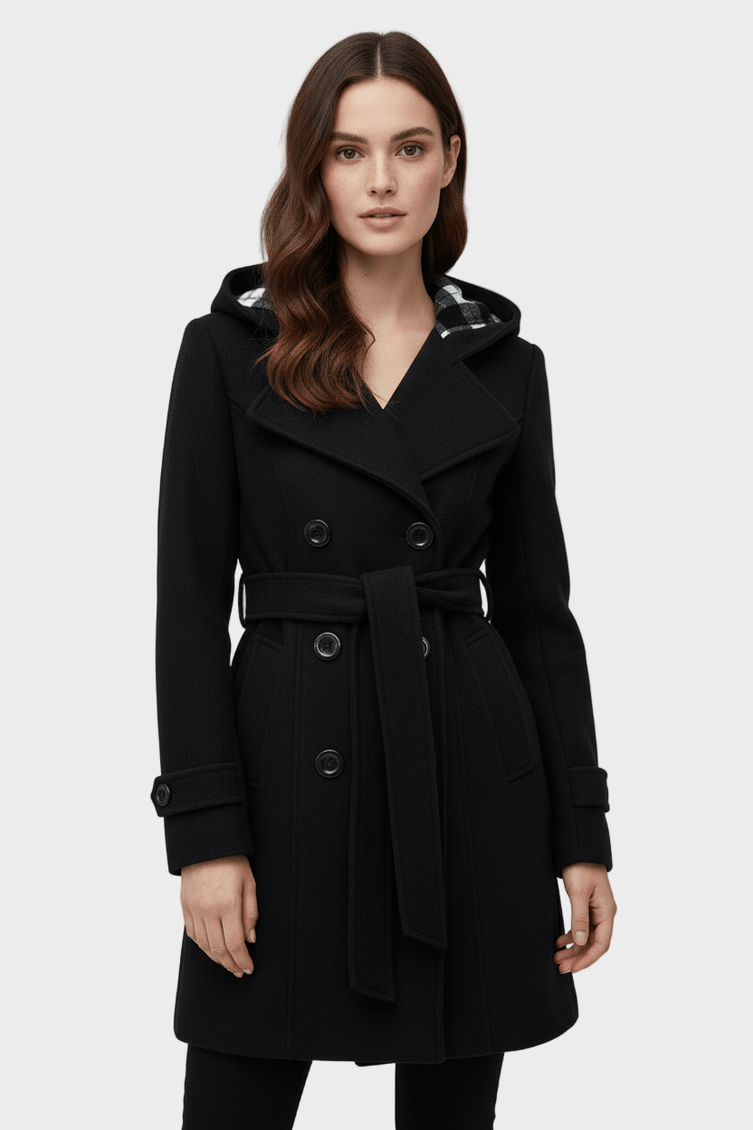 Emily & Isabella Brooks | Women's Double-Breasted Wool Blend Coat with Hood and Waist Belt